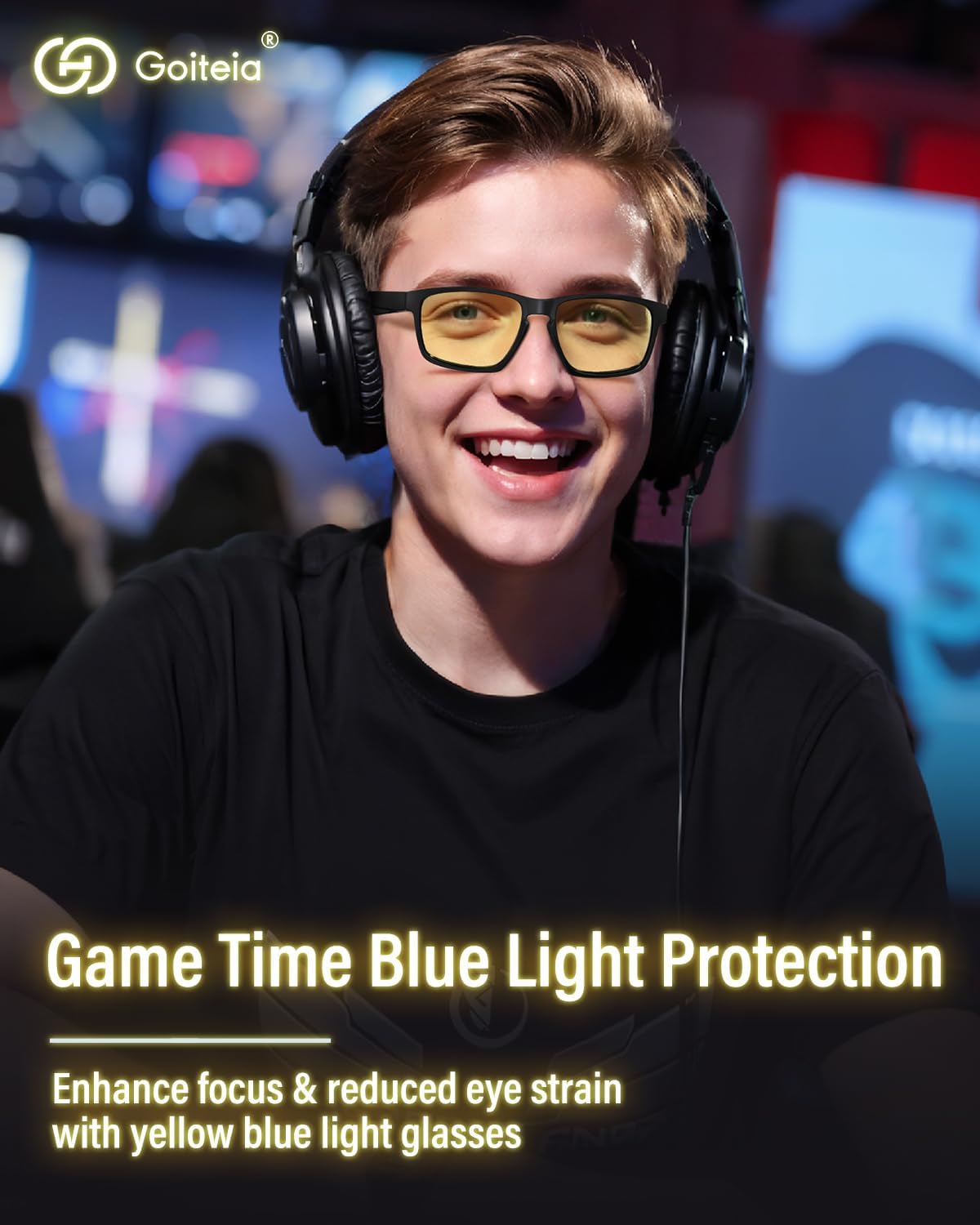 Goiteia Yellow Gaming Blue Light Glasses for Men, Computer Glasses for Long Hours of Gaming, No Eye Strain&Blurry