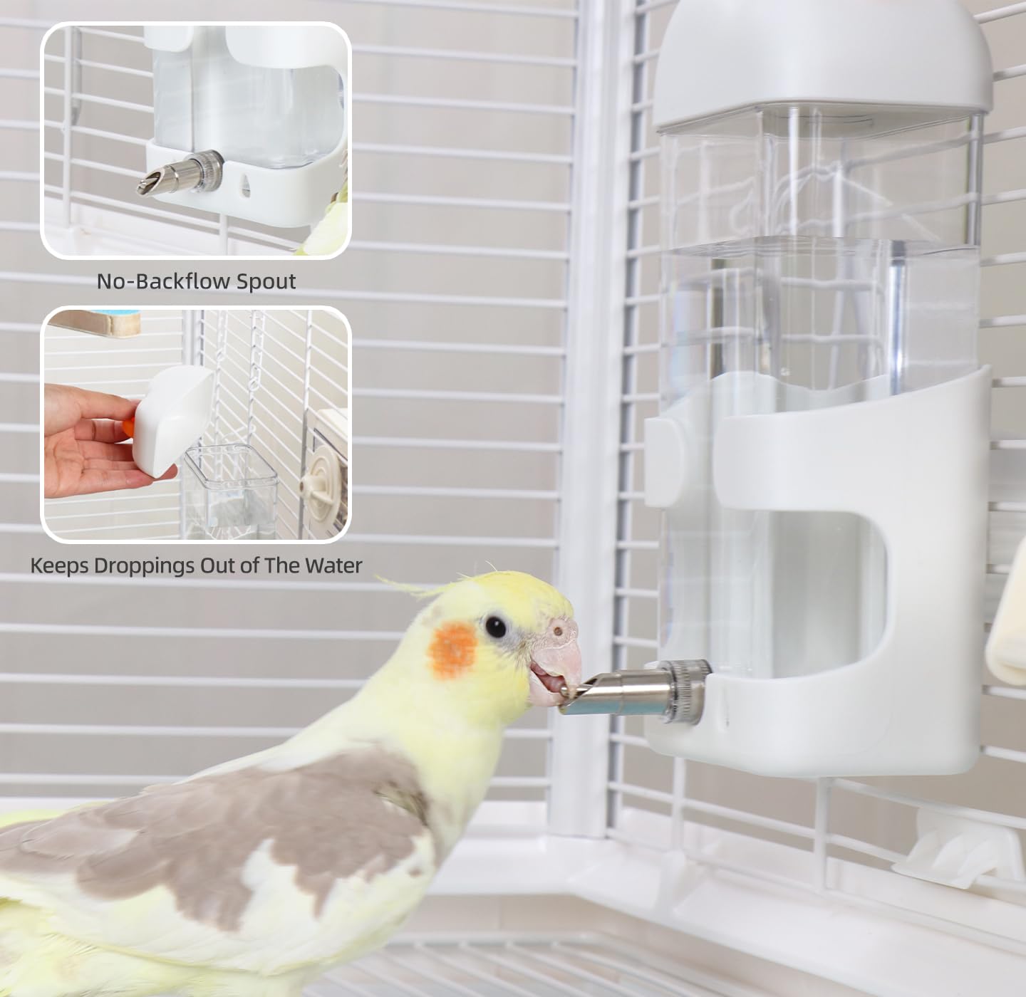 No-Mess Bird Feeder & Waterer Set for Cage, 300ml Auto Feeder with Seed Hull Catcher & 400ml Stainless Steel No-Backflow Drinker, for Cockatiels Conures Parakeets - image 6