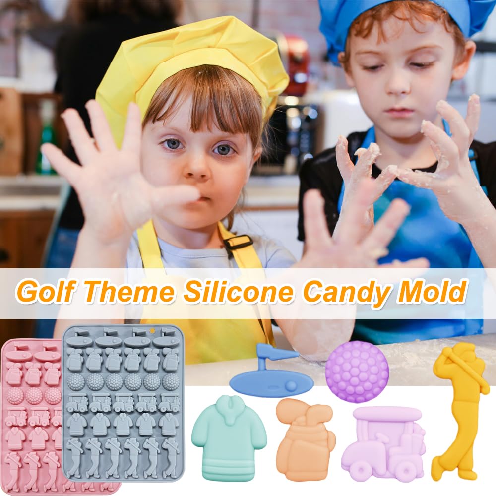 Paquete de 2 moldes de silicona para chocolate con 32 cavidades temáticas de golf, moldes de silicona para gomitas de chocolate para cumpleaños, accesorios de fiesta temática de cumpleaños, decoración 5