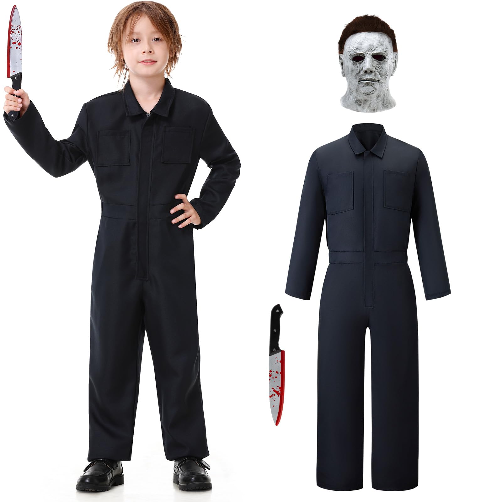 BuzzoXerex Halloween Michael Myers Costume per Bambini, Costume Horror Cosplay Set con Tuta Lavoro Uomoe, Lattice Horror Maschera Michael Myers Bambini per Halloween