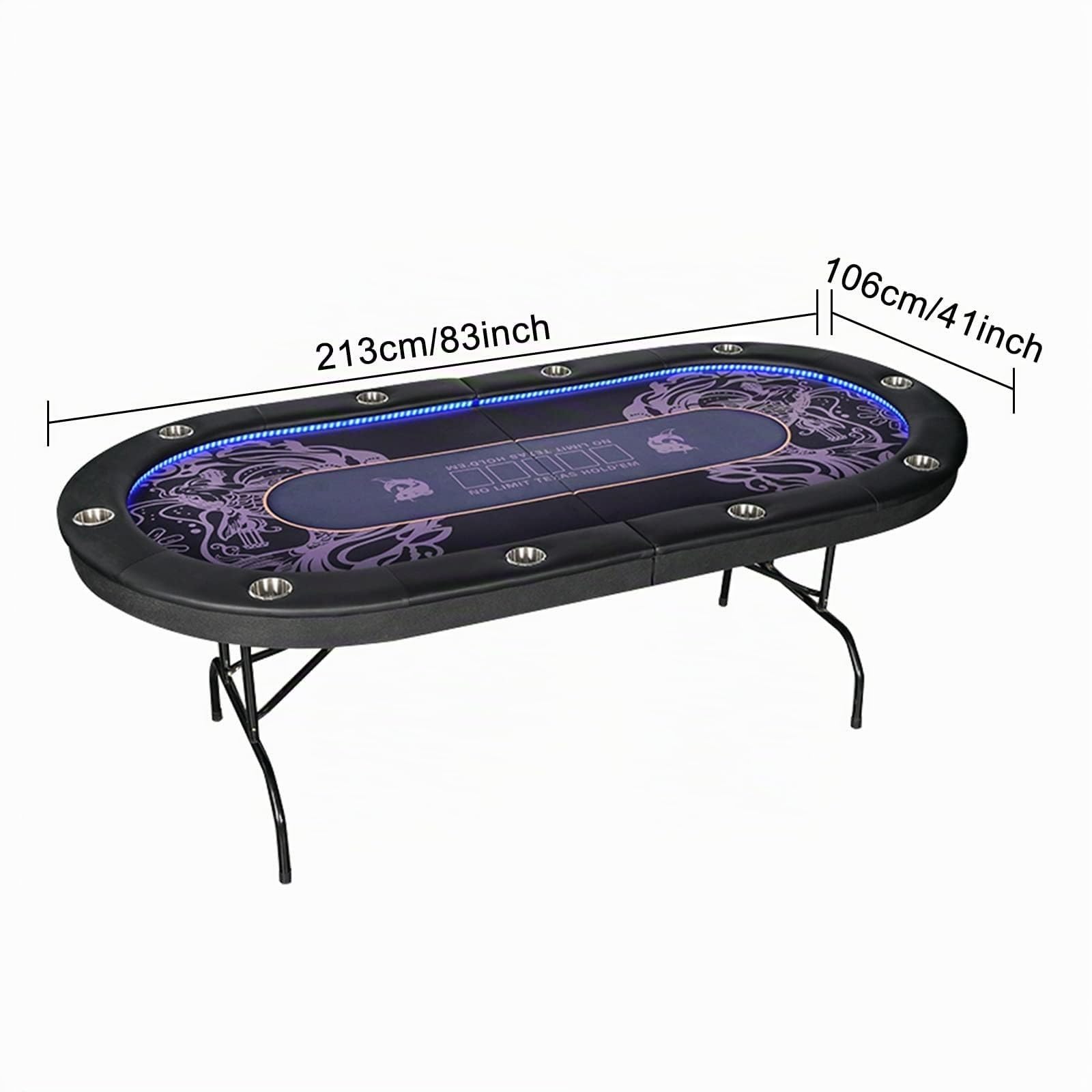Klappbarer Pokertisch für 10 Spieler mit blauen LED-Lichtern, Getränkehaltern aus Edelstahl und zusammenklappbaren Beinen – Casino Tischplatte Texas Holdem Pokertisch