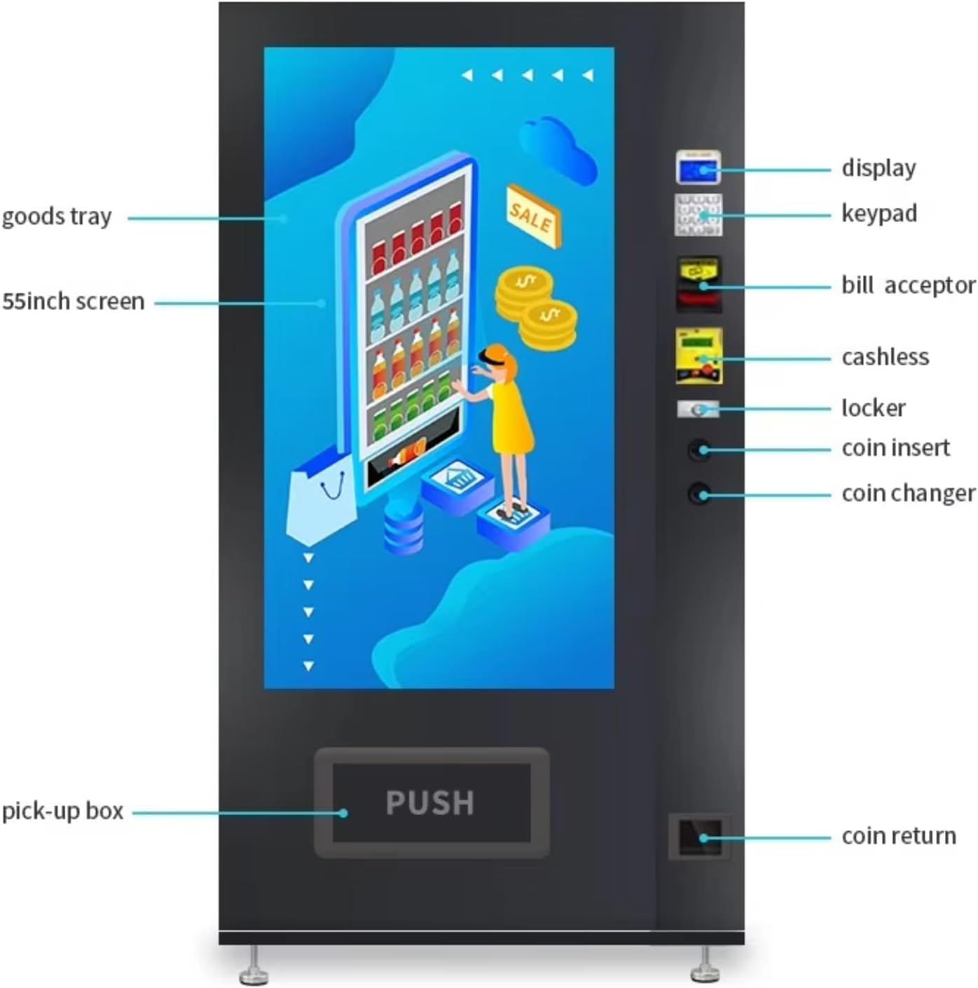 55" Touch Screen Vending Machine for Milk & Coffee - Automatic Equipment with Temperature Control & Card Reader, Ideal for Commercial Use in Hotels & Schools