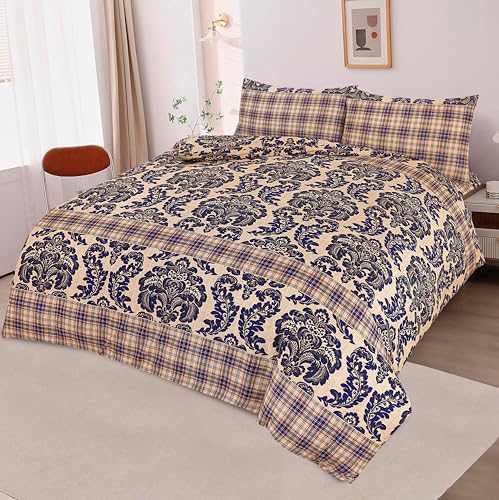 KNIGHTS BRIDGE Luxury 4 Piece Egyptian Cotton Bedding Set – Duvet Cover, Fitted Sheet & 2 Pillowcases – Hotel Quality – Geometric/Greek/Damask Patterns – Machine Washable (Double, Damask)