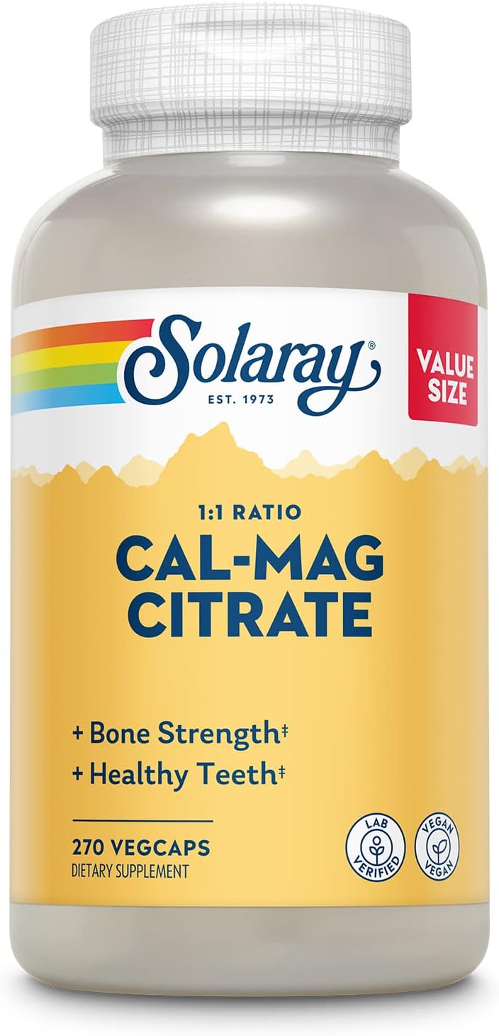 Solaray Calcium Magnesium Citrate 1000mg 1:1 Ratio, Bone Strength Supplement, Muscle, Nerve and Bone Health Support, Chelated for High Absorption, 60-Day Guarantee, 45 Servings, 270 VegCaps