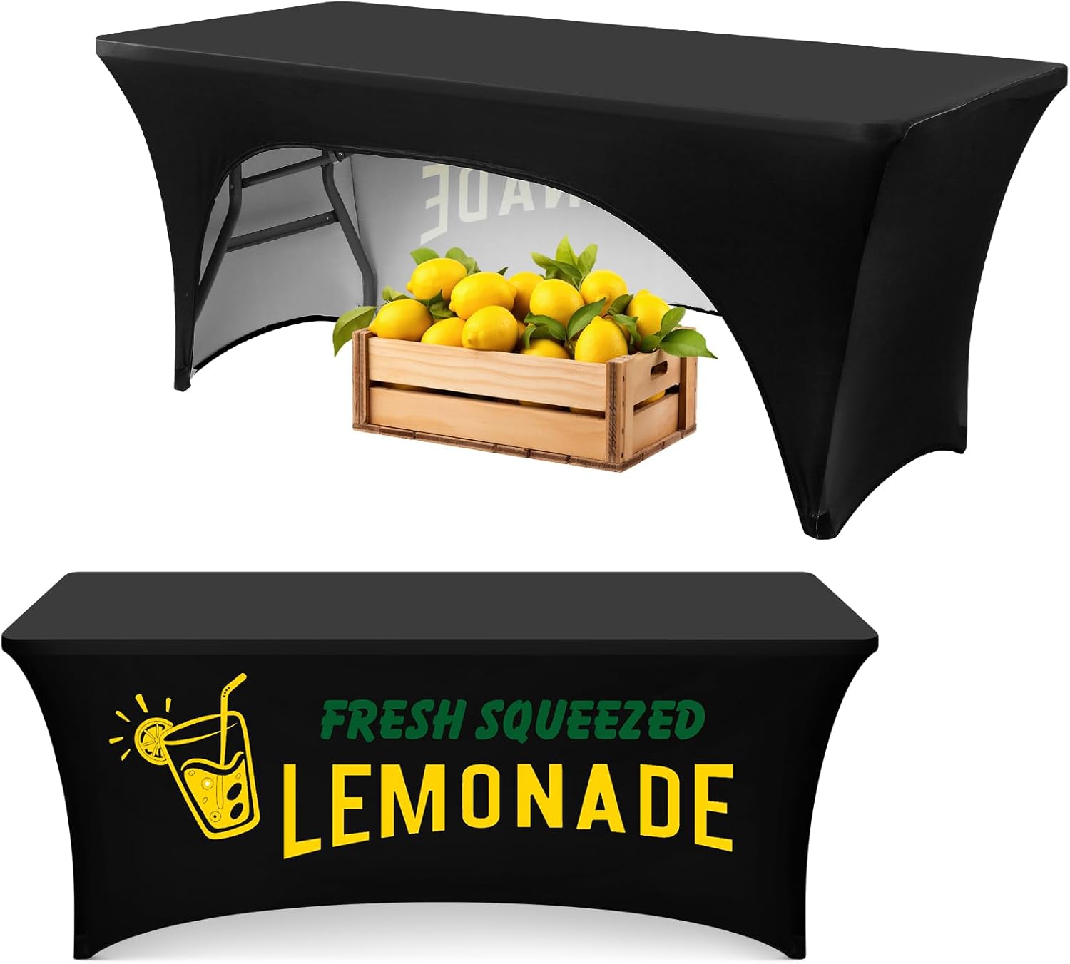 Oudain 6ft Lemonade Open Back Stand Tablecloth Stretch Spandex Black Table Cover Lemonade Stand Supplies for Standard Folding Tables Summer Party Tablecloth Universal Rectangular Fitted Protector