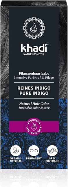 khadi PURE INDYGO roślinna farba do włosów, Tajemnicza głęboka czerń do połyskującej niebiesko-czarnej, 100% roślinna, naturalna i wegańska, Certyfikowane kosmetyki naturalne, 100g