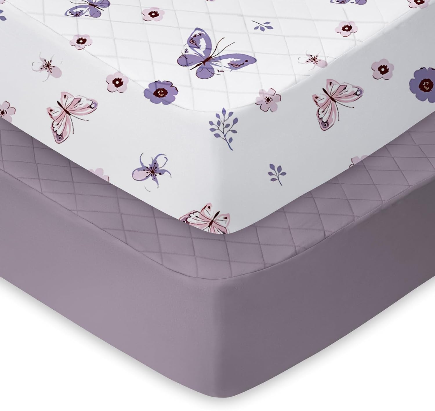 Light Quilted Crib Sheets 2 Pack, Soft Fitted Sheets for Standard Crib and Toddler Mattresses, Butterfly Print