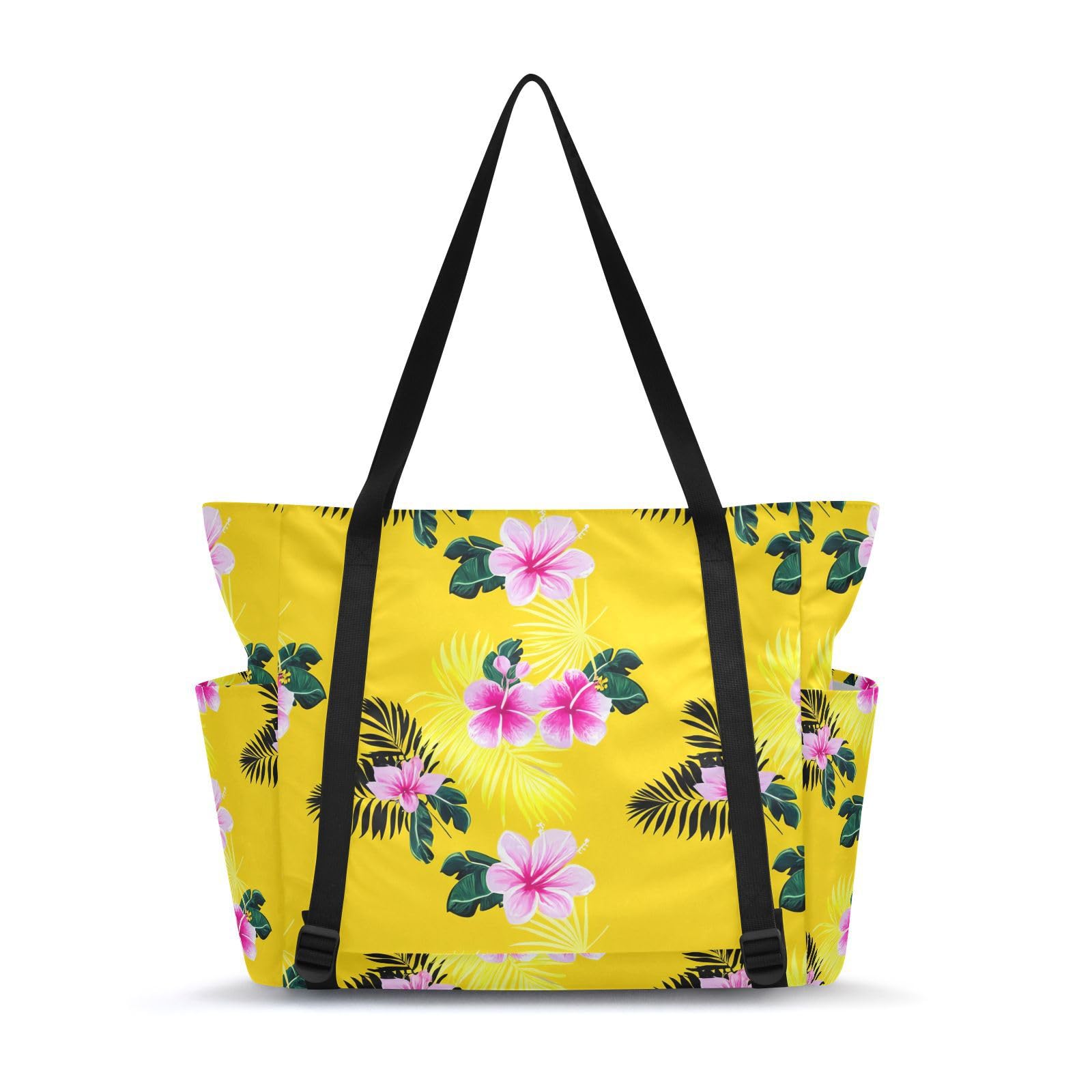 Lxqimora Hibiscus Palm Leaves Yellow Yoga Mat Bag for Women Water-Resistant Gym Bag with Yoga Mat Holder Tote Bag for Pilates Gym Yoga Travel