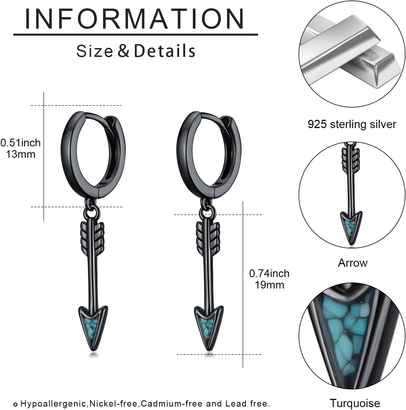 Black Cross/Feather/Sword/Spike/Star of David Dangle Drop Earrings 925 Sterling Silver Turquoise Malachite Abalone Punk Jewelry Gothic Birthday Gifts for Men Women