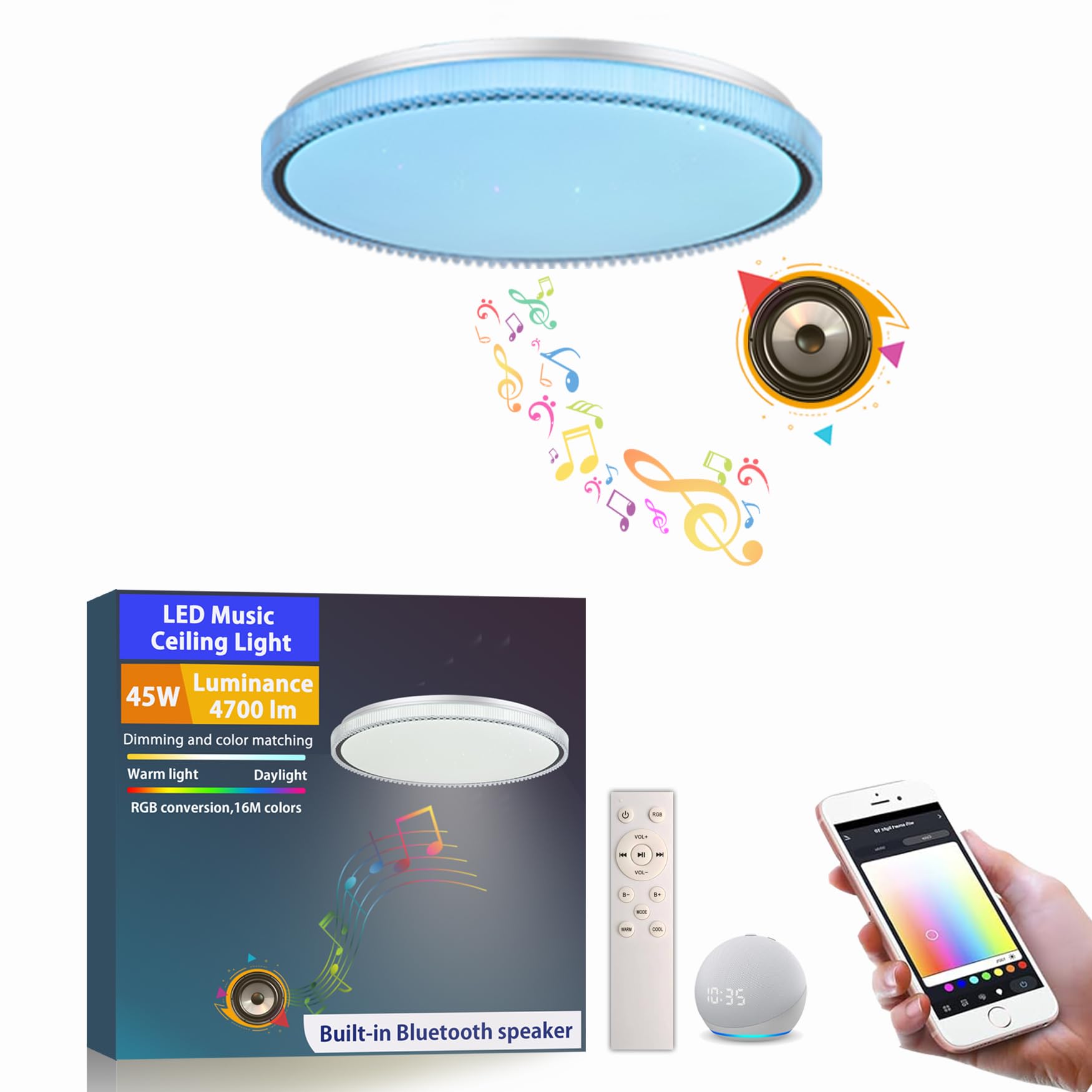 Lámpara de techo musical LED BZ de 40 cm, compatible con Alexa, altavoz Bluetooth incorporado, efecto de luz RGB, regulable, con control remoto