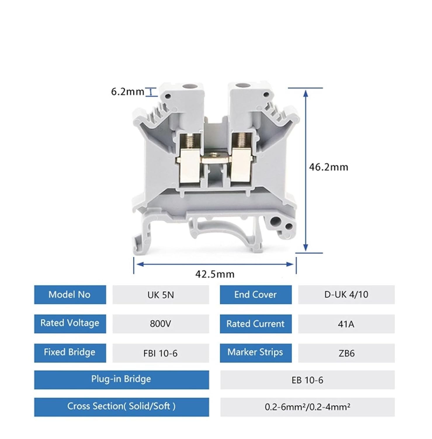 10pcs UK-5N DIN Rail Terminal Block Connector Screw Connection Wiring Conductor UK5N Terminal Block(Gray)