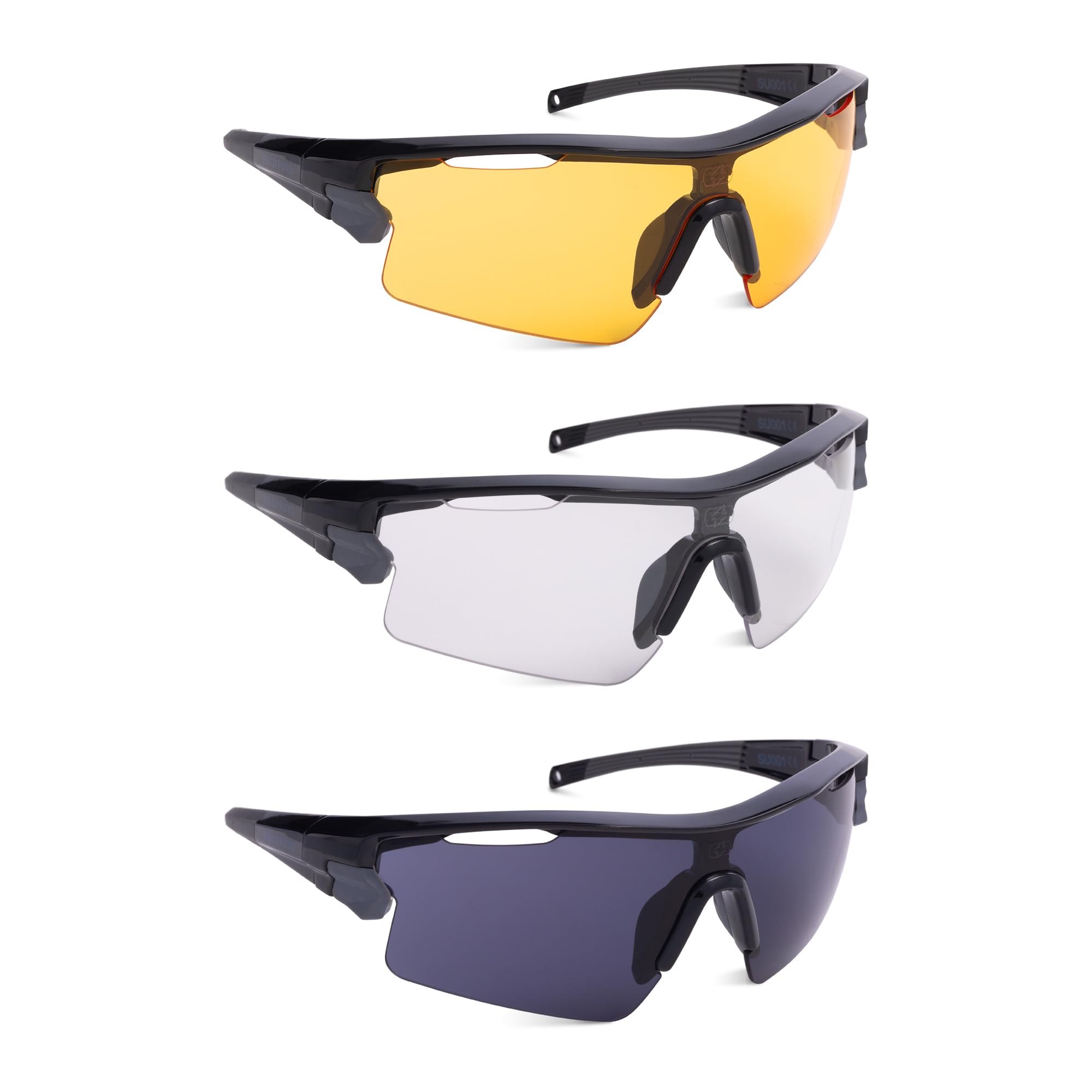 Oxford Sector Multi-Lens Sunglasses SU001| Sports Glasses with Interchangeable Different Light Conditions, Black Frame Clear, Smoke & Yellow Lenses, One Size