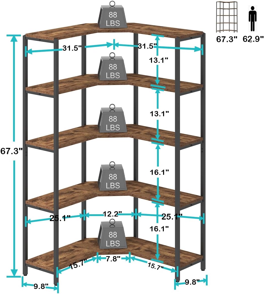 IBF Rustic Bookcases and Book Shelves, L Shaped 5-Tier Corner Bookshelf Book Rack Storage, Industrial Vertical Metal Wood Display Etagere 5 Shelf, Large Book Shelf Case for Bedroom Living Room, Brown
