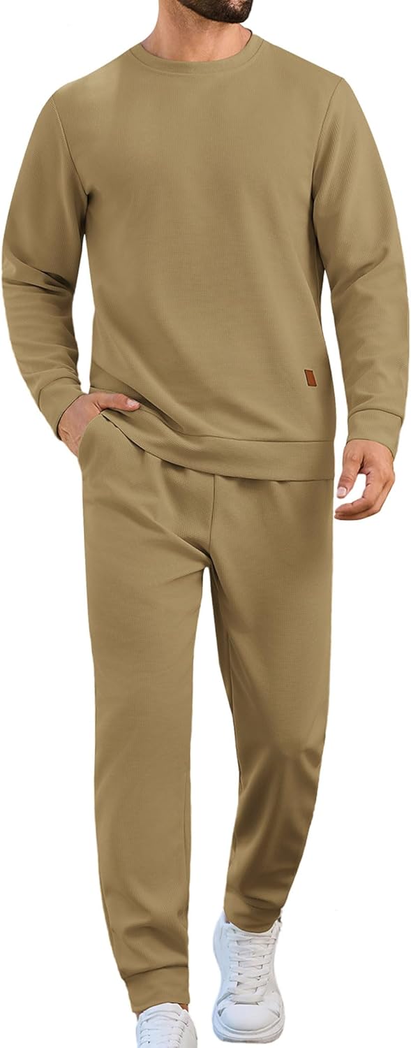 Vssjavun Mens Sweatsuits 2 Piece Sets Waffle Long Sleeve Pullover Sweatsuit Outfits Casual Jogger Suits Sets