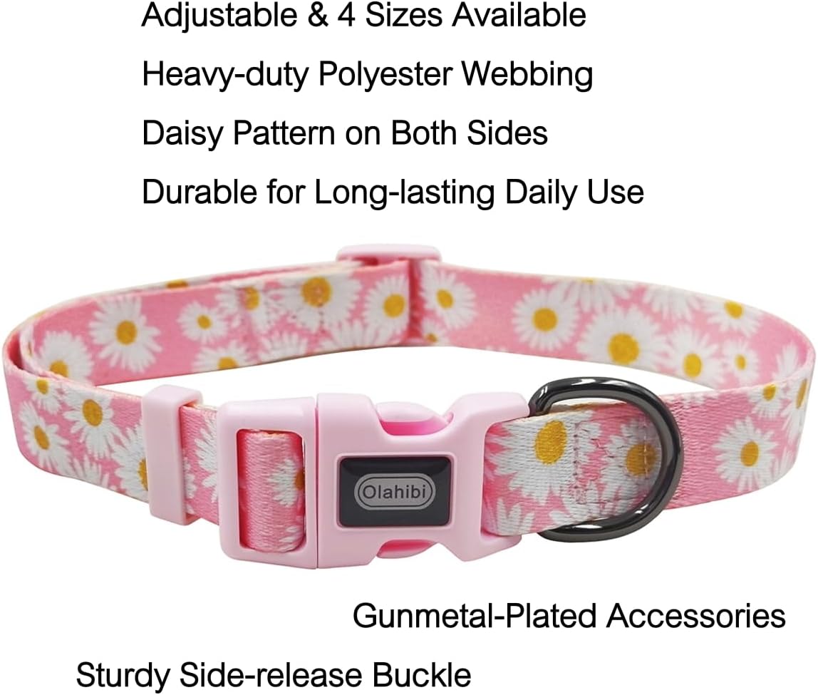 Dog Collar Leash Set, Floral Pattern, Polyester Material, Adjustable Collar and 5ft Matchcing Leash, for Small Dogs.(S, Light Pink Daisy) image 2