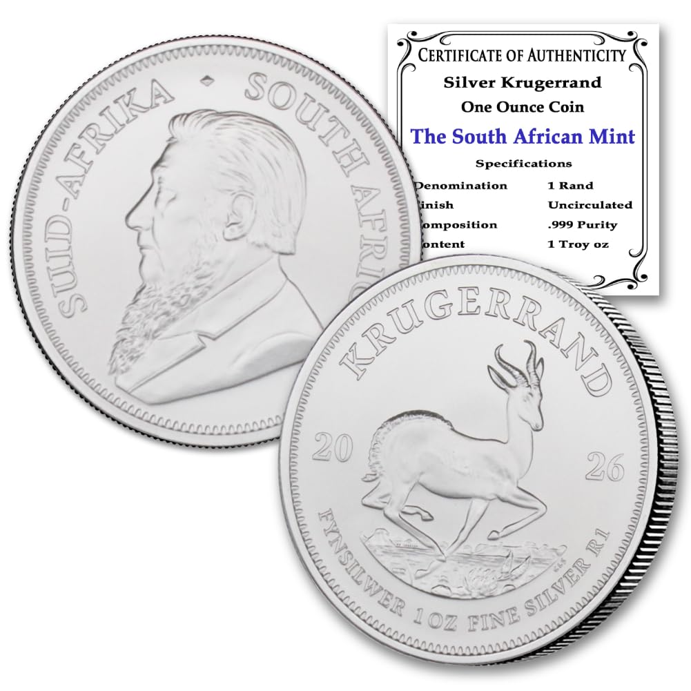 2026-1 oz South African Silver Krugerrand Coin Brilliant Uncirculated with Certificate of Authenticity 1 Rand Seller BU