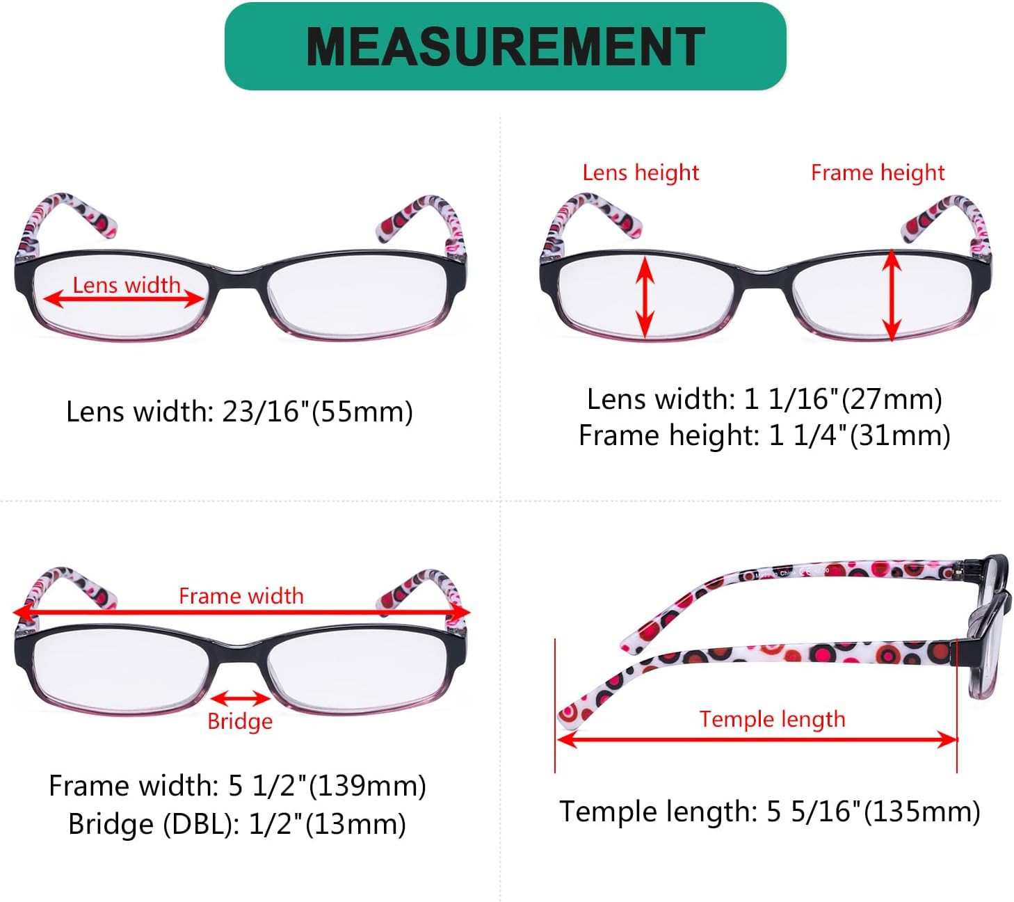 Eyekepper 4 Pack Ladies Reading Glasses - Cute Readers with Colorful Polka Dots Patterned Temple for Women Reading +2.50