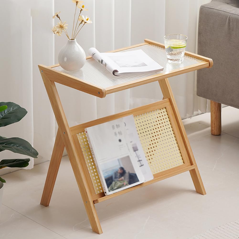 SXZenSpace Tempered Glass Snack Side Tables with Bamboo Rattan Frame, Modern End Table Storage Shelf,Couch That Slide under for Small Space,Living Room,wood,B