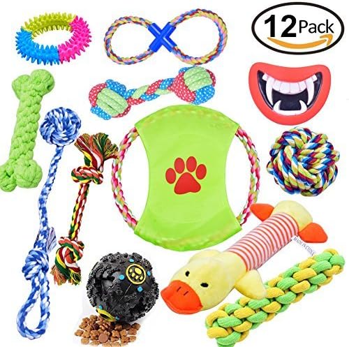 Dog Toys 12 Pack Gift Set, Pet Teething Toys Cotton Ball Rope and Chew Squeaky Toys for Medium to Small Doggie