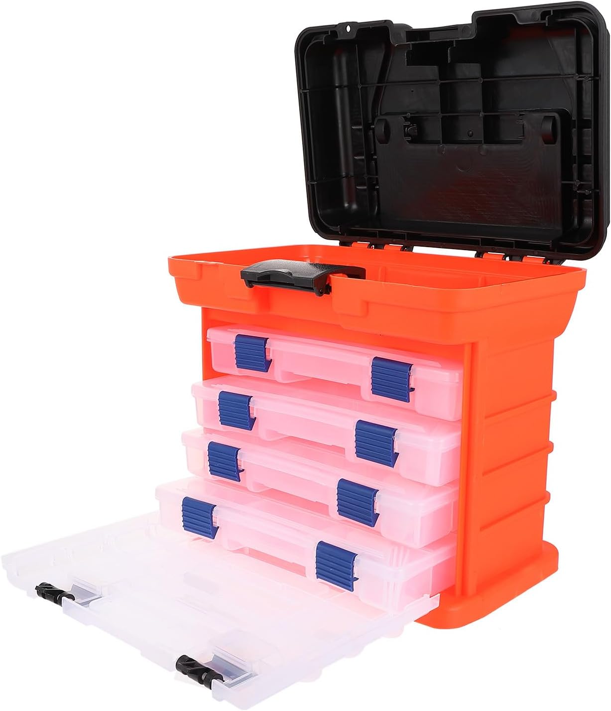 Portable Fishing Tackle Box with 4 Layers Large Capacity Orange Fishing Tool Carrying Case with Seat and Handle for Sea and Freshwater Anglers