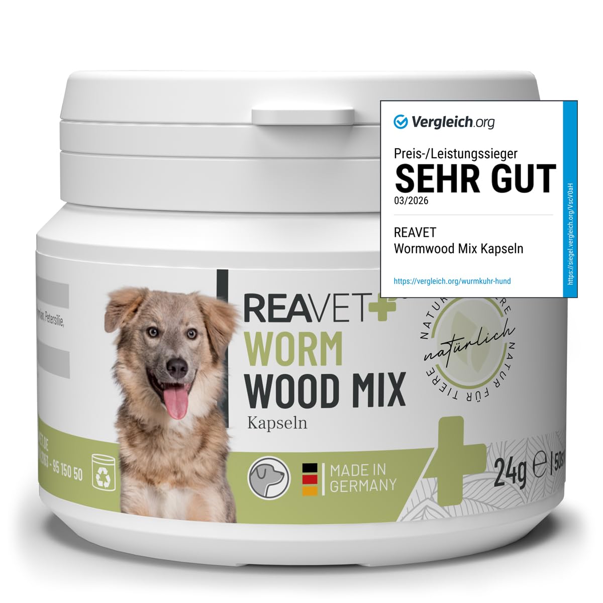 TESTURTEIL SEHR GUT 2026 ReaVET Wurm-Kraut Kapseln 50 Stück - für Hunde, mit echtem Wurmkraut (Artemisia Absinthium) in rezepturbasierter Pflanzenformel, geeignet für Hunde Aller Rassen