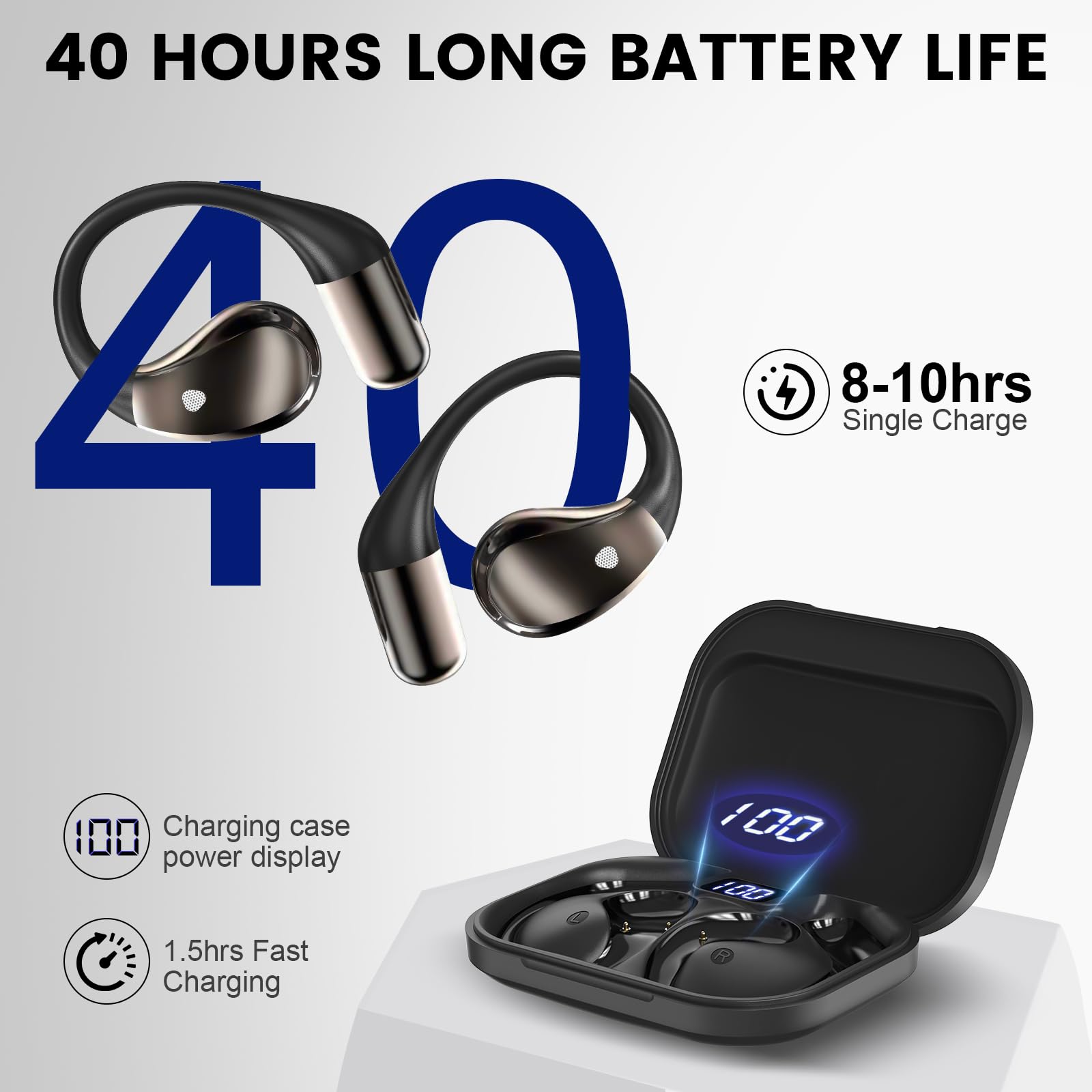 Cuffie Bluetooth 6.0 Open Ear, Microfono HD, 40 ore di autonomia, Display LED, IP7 impermeabili, Nero