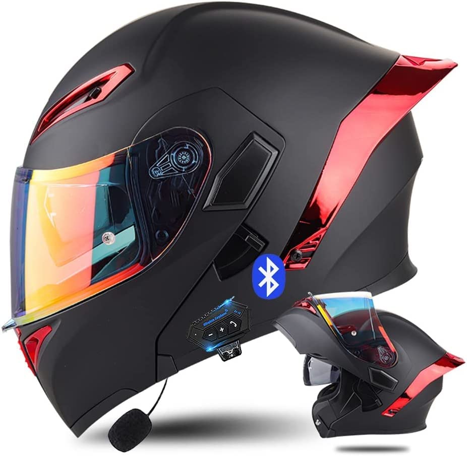 Full Face Motorcycle Bluetooth Helmet Motorcycle Full Face Helmet, ECE Approved Bluetooth Motorbike Double Sun Visor Helmets, Wear-Resistant and Scratch-Resistant Lenses, for Adult (M(57~58cm), R)