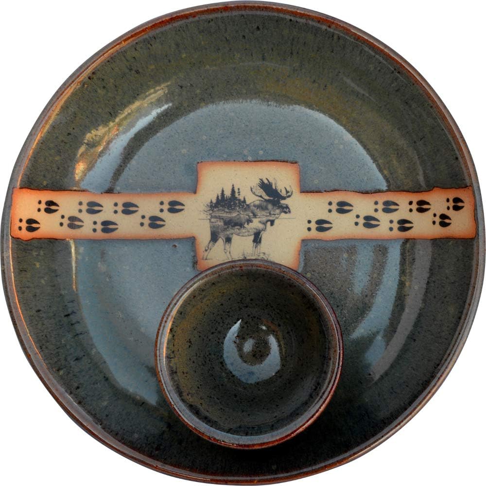 ALWAYS AZUL POTTERY Chip and Dip in Moosetracks Design & Seamist Glaze - Handmade Ceramic Serving Platter and Dipping Bowl - Traditional Polished Stoneware - Serving Dishes for Snacks and Appetizers