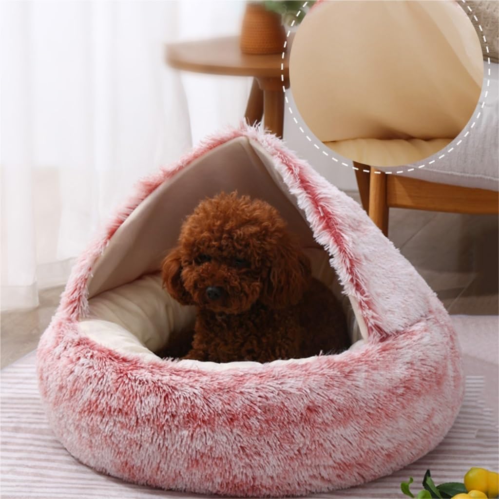 Dog Bed Cat and Dog Nest Pad Autumn and Winter Warm Plush Closed Cat Bed Pet Nest Comfortable and Soft for Sleeping Pet Bed (Color : Brown, Size : F) (Pink 25.6" L x 25.6" W x 7.9" Th)