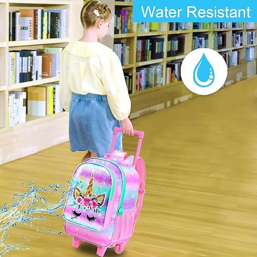 Miniatura 8 de CCJPX Mochila escolar con ruedas de unicornio de 3 piezas para niñas, juego de mochila escolar con ruedas enrollables de 18 pulgadas, bolsa escolar