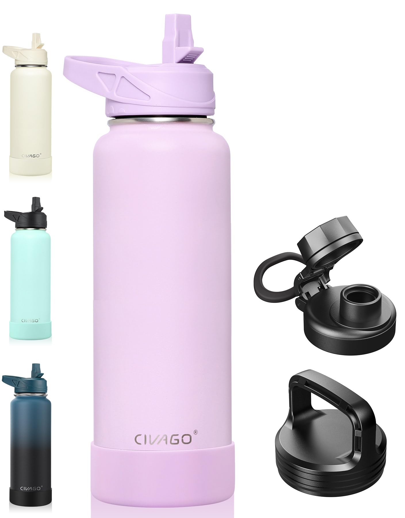 CIVAGO 40 oz Insulated Stainless Steel Water Bottle With Straw and 3 Lids | Large Metal Sports Water Jug Leakproof Reusable Wide Mouth Thermal Flask Cup with Silicone Boot, BPA-Free, Lavender