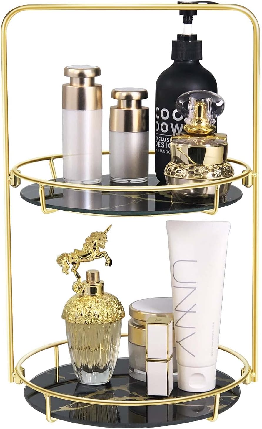 Simmer Stone Makeup Organizer Shelf, 2 Tier Cosmetic Storage Basket with Removable Glass Tray, Round Wire Vanity Organizer Rack for Dresser, Countertop, Bathroom and More, Gold