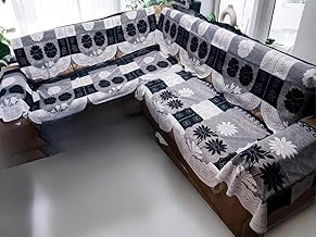 Fab Nation Cotton L Shape Sofa Covers for 6 Seater Sofa Set | Sofa Slipcovers for 3 + 3 Seaters Cover with 2 Arms | Black & White