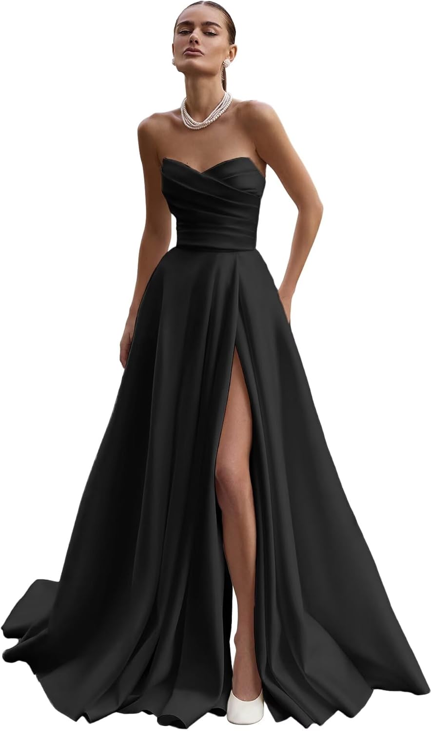 Strapless Wedding Dresses Satin Prom Dress Long Ruched Formal Ball Gown with Slit