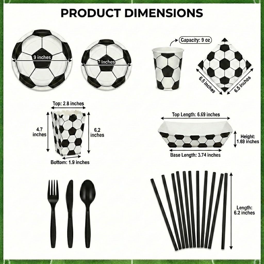 Soccer Party Supplies for 10 – 114 Pcs Set with Dinner & Dessert Plates, Cups, Napkins, Cutlery, Straws, Popcorn Boxes & Snack Trays | Disposable Sports Birthday Party Tableware