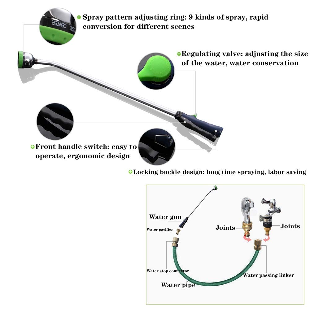 Lance per tubo da giardino regolabili ad alta pressione, pistola a spruzzo a 9 funzioni, pistola ad acqua a palo lungo per irrigazione da giardino (palo lungo, vestito da 25 m)