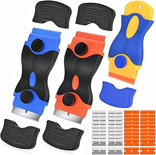 Razor Blade Scraper, 3 Pack Razor Scraper Tool with 50 Plastic & 30 Metal Razor Blades, 2-in-1 Cleaning Scraper for Removing Label, Registration Sticker, Tint, Grease from Windshield, Appliance, Glass