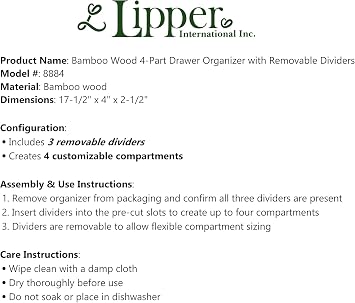 Lipper International Bamboo Drawer Organizer with 3 Removable Dividers, Brown