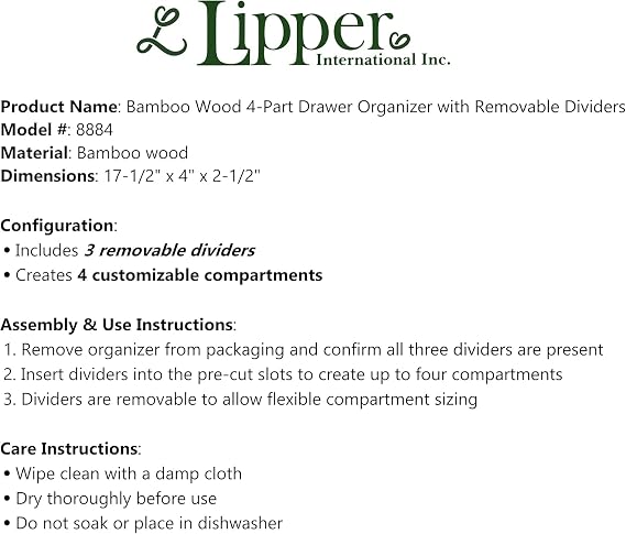 Lipper International Bamboo Drawer Organizer with 3 Removable Dividers, Brown