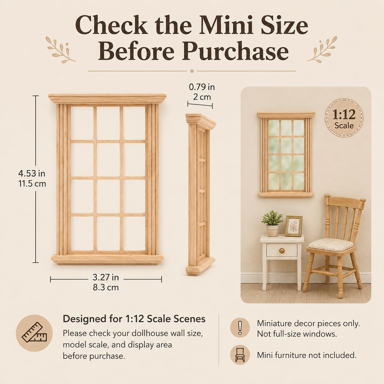 Wooden Window Dollhouse Furniture: 2Pcs Mini Windows 1: 12 Scale Miniature Accessories Tiny Window Frame Model Dolls Houses Playhouse Ornaments image 2