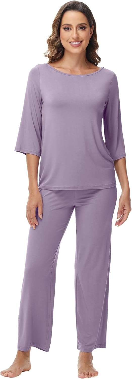 WiWi Viscose from Bamboo Womens Cute Pajamas Set 3/4 Sleeve and Crew-neck Sets with Drawstring S-XXL - Image 3