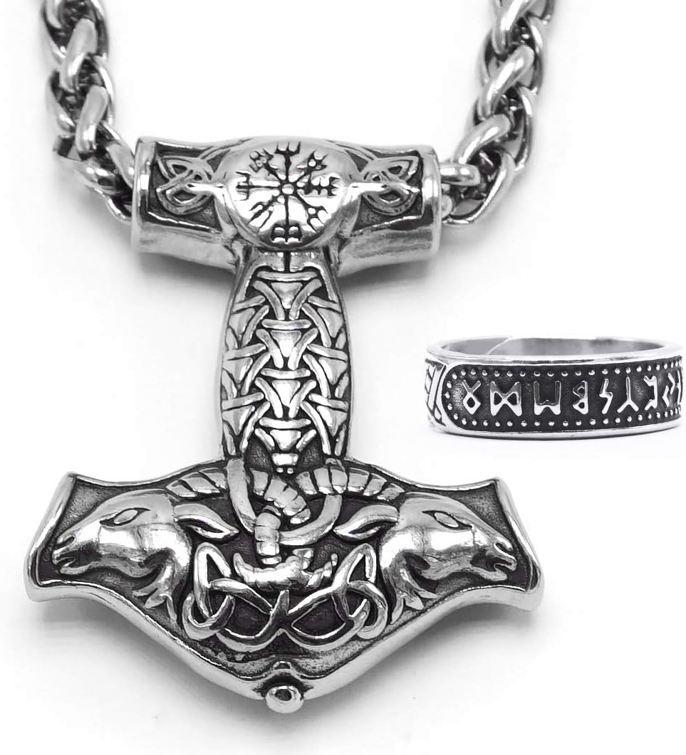 BAVIPOWER Viking Ram Goat Head Mjolnir Pendant Thors Hammer Necklace Stainless Steel Norse Pagan Jewelry for Men Women