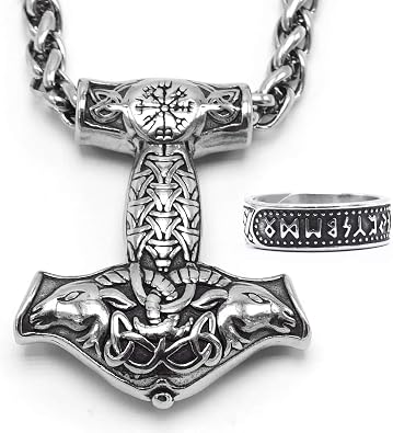 BAVIPOWER Viking Ram Goat Head Mjolnir Pendant Thors Hammer Necklace Stainless Steel Norse Pagan Jewelry for Men Women