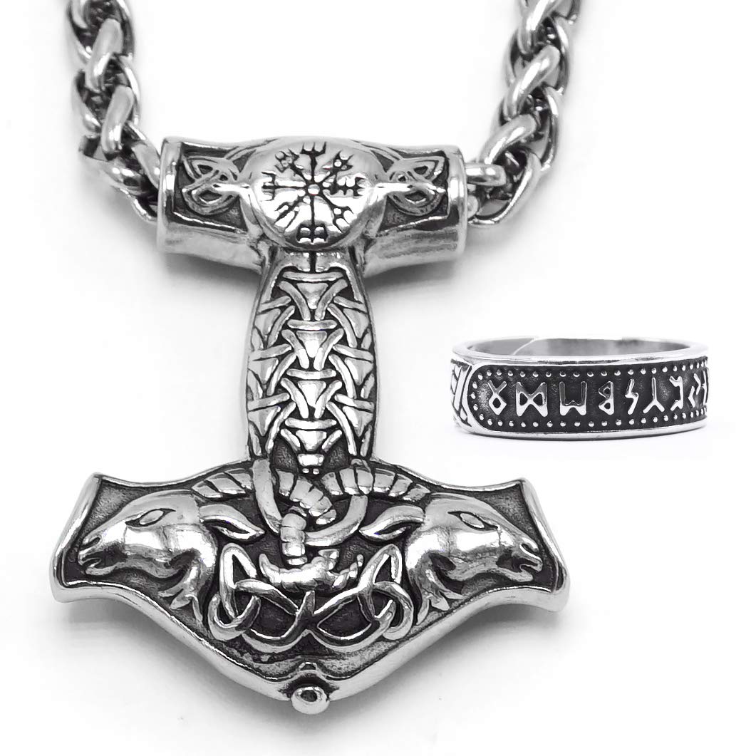 Viking Ram Goat Head Mjolnir Pendant Thors Hammer Necklace Stainless Steel Norse Pagan Jewelry for Men Women