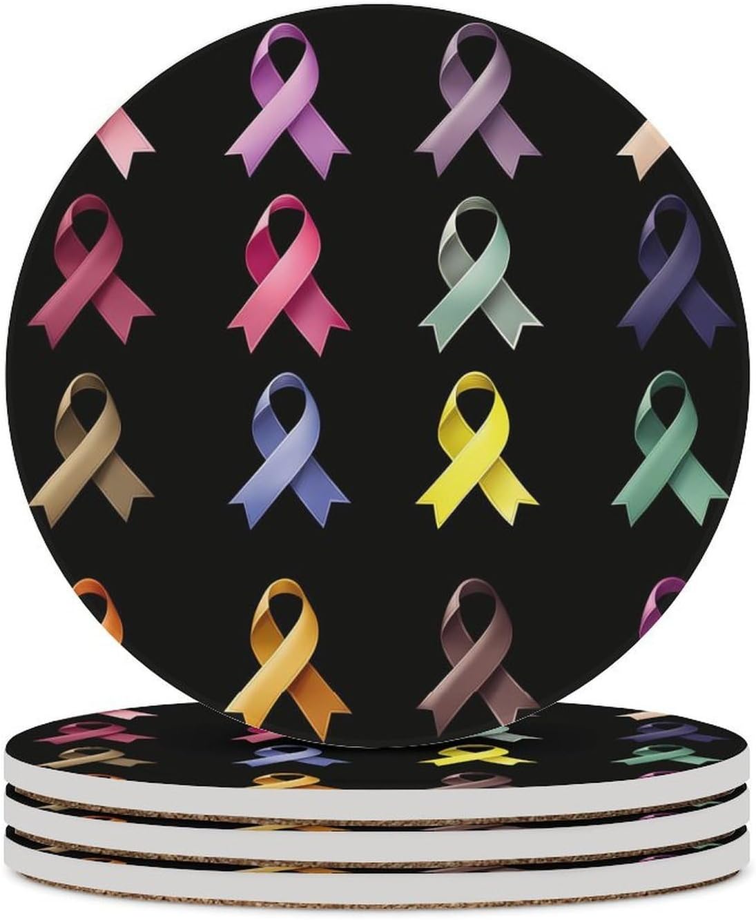 Colorful Breast Cancer Awareness Ribbon Coasters for Drink Round Ceramic Coaster with Cork Base Home Decorative 4PCS