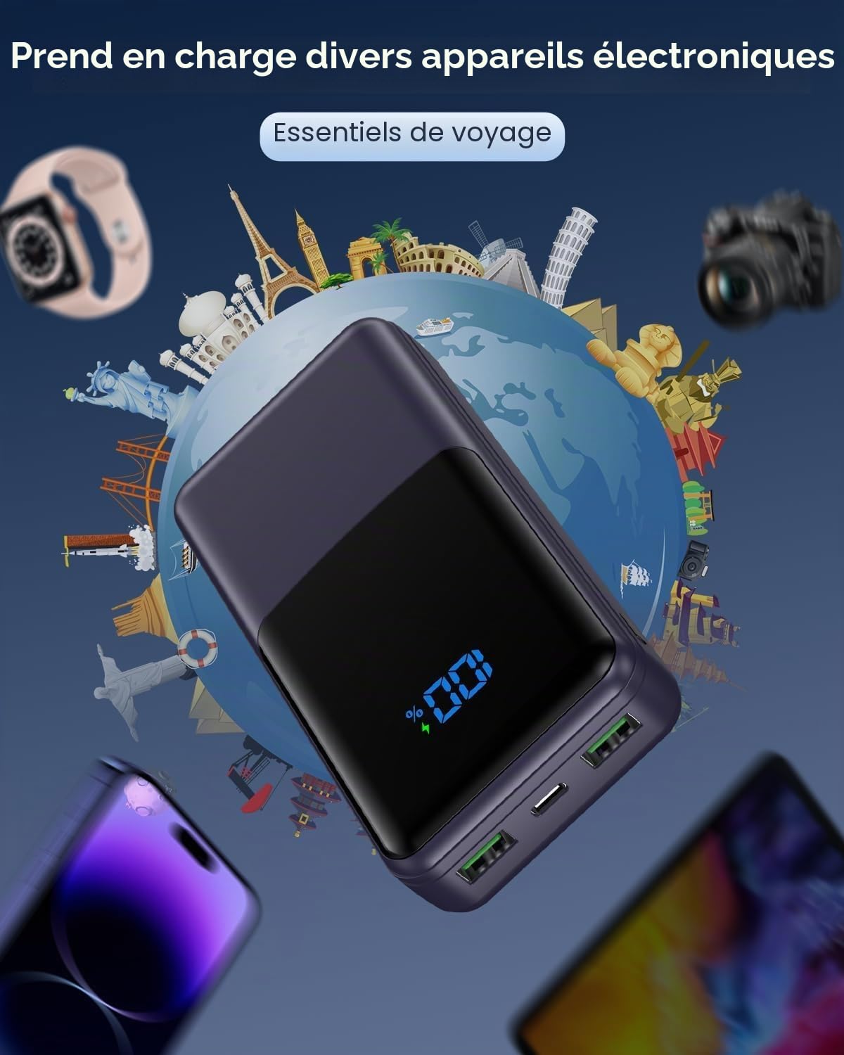 Coblob Batterie Externe, 30W 27000mAh Power Bank, Batterie Portable USB C (Entrée/Sortie) PD3.0 QC4.0 Charge Rapide Chargeur avec Affichage LCD Compatible Smartphones Tablets Watches etc. (Bleu Foncé)