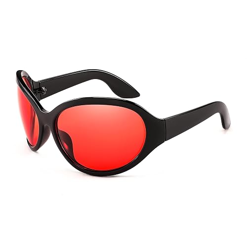 FEISEDY Bug Eye Y2K Oversized Sunglasses Women Men Oval Frame B2391 | 270Β° Wrap-around, UV400 protection, Universal fit, Multiple color, Climate Pledge Friendly - Black Frame Red Lens - 72 Millimeters