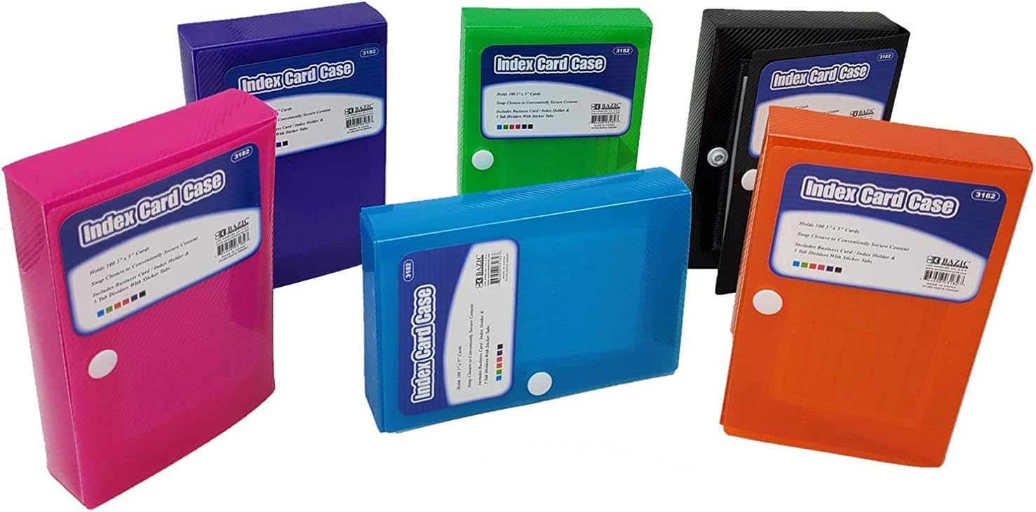 Plastic Index Note Card Holder case - 5 tab Divider with Sticker tab, Holds up to 100 Index Cards 5”x 3” (6 Pack)