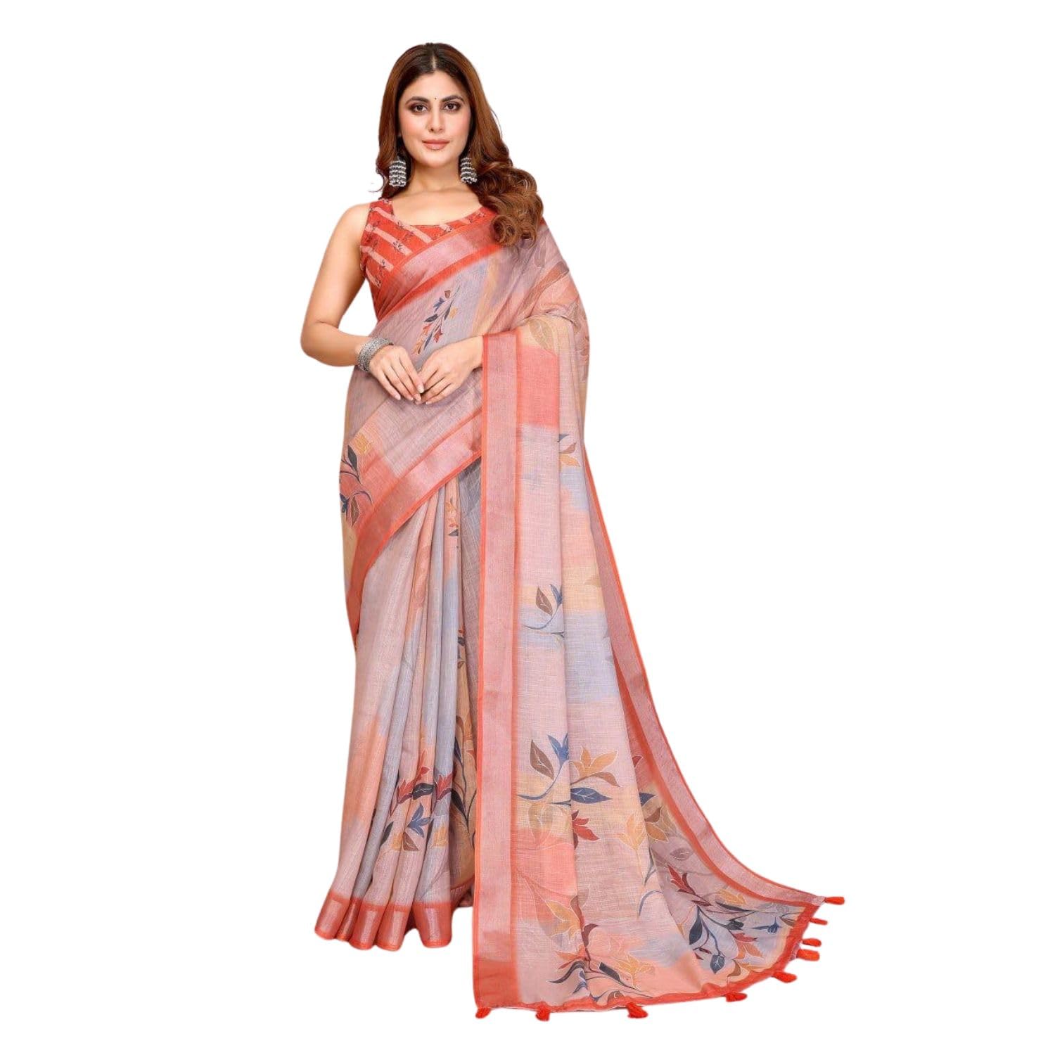 Women’s Floral Printed Linen Cotton Saree with Contrast Border & Tassels | Lightweight Soft Saree with Unstitched Blouse Piece | Elegant Traditional Use for Festive, Party & Casual Occasions-picture-43