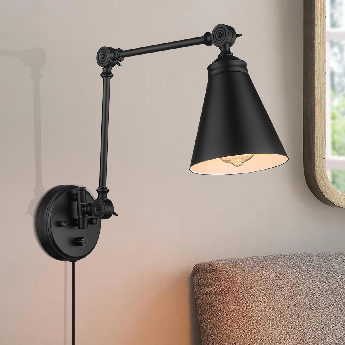LIROUVET Swing Arm Wall Sconces, Adjustable Plug in Wall Lamp, Industrial Indoor Wall Light with Dimmable On/Off Switch Plug-in Cord, Black Sconces